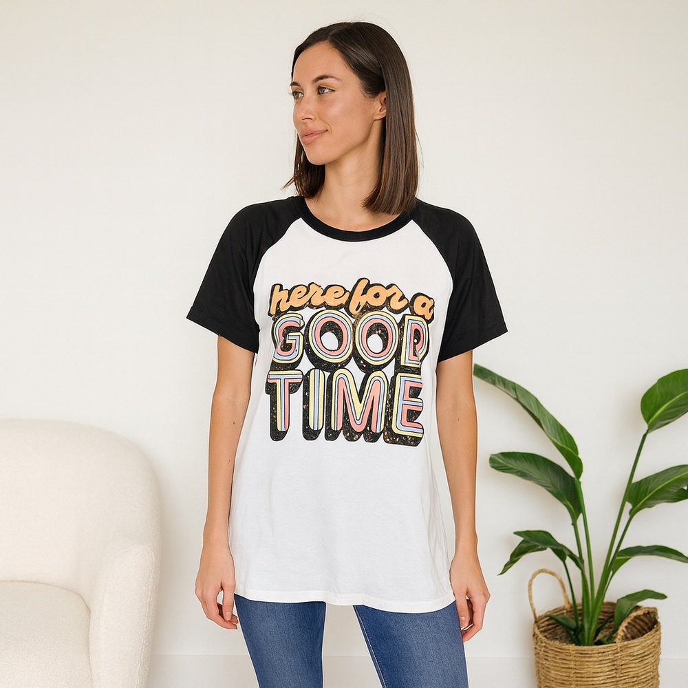 Lovey’s Boutique NEW Here for a Good Time Raglan Graphic T-Shirt Black White L